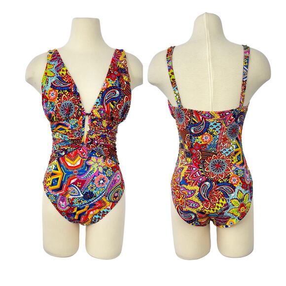 Bleu Rod Beattie One Piece Swimsuit Plunging Neckline Paisley Multicolor 8 - Picture 1 of 9